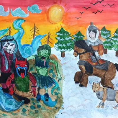 Богатырша среднего мира перед сражением с чудовищами нижнего мира