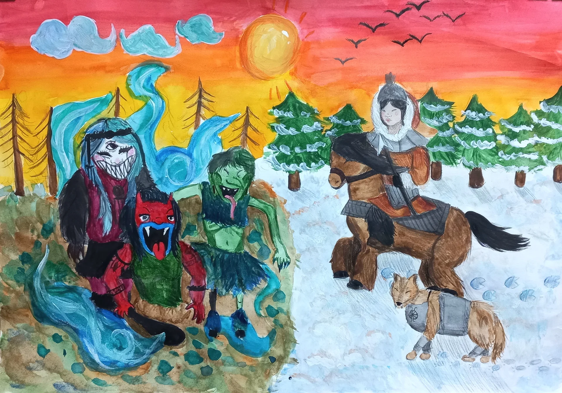 Богатырша среднего мира перед сражением с чудовищами нижнего мира